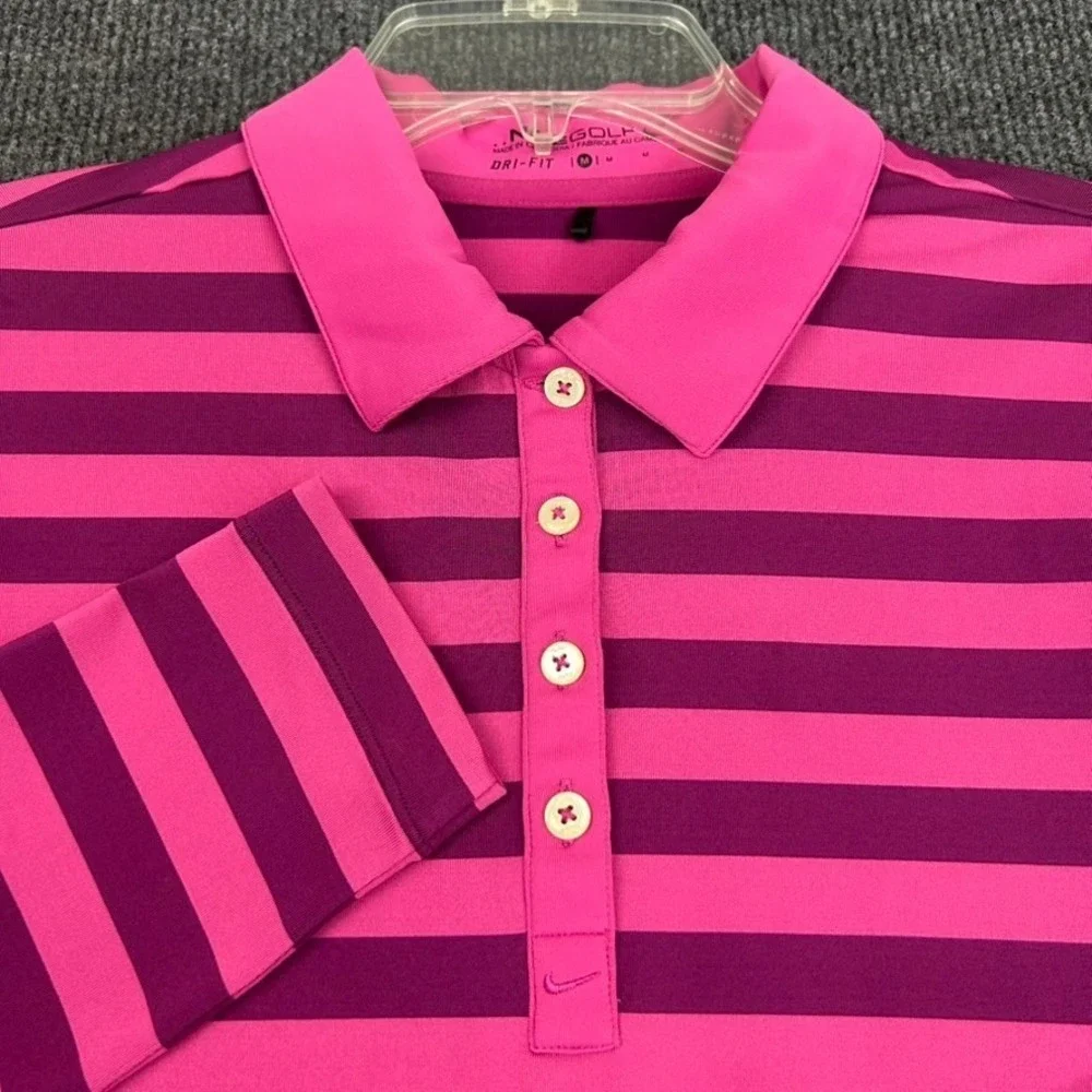 NIKE Golf Dri-Fit Women's Polo Shirt Medium Long Sleeve Pink Purple Rugby Stripe